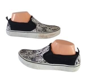 Skechers Bobs WMS SZ 7 Marley Jr. Wag Swag Black/Gray Slip On Shoes Dog Print